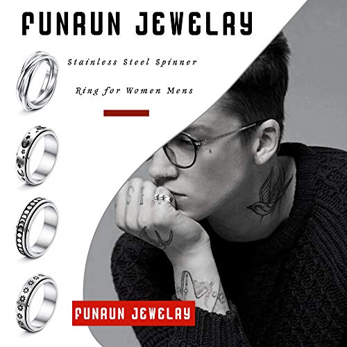 FUNRUN JEWELRY Stainless Steel Fidget Anxiety Ring for Women Men Fidget Spinner Rings Moon Star Celtic Stress Relieving Spinning Ring Wedding Band Rings Set,4-6Pcs3