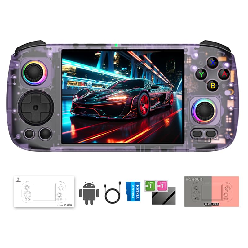 RG 406H Retro Handheld Game Console with 4-inch IPS Screen RGB Lighting RG 406H Retro Handheld Gaming Console with 4783 Preinstalled games Android13 System 128G TF Card 5000mAh Battery purple
