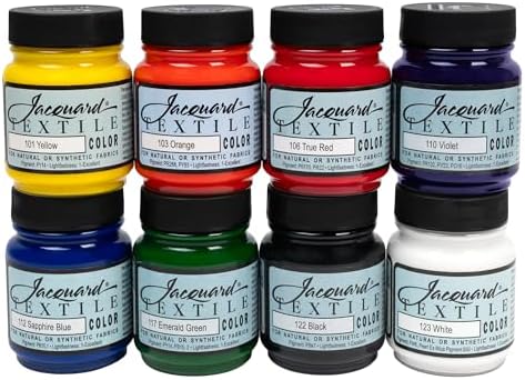 Jacquard Textile 8 Color Primary/Secondary Color Set - Permanent Fabric Paint for Clothes, Furniture Upholstery, Shoes & Bags - Indoor & Outdoor Fabric Paint Set - 2.25 Oz Jars Upholstery Fabric paint