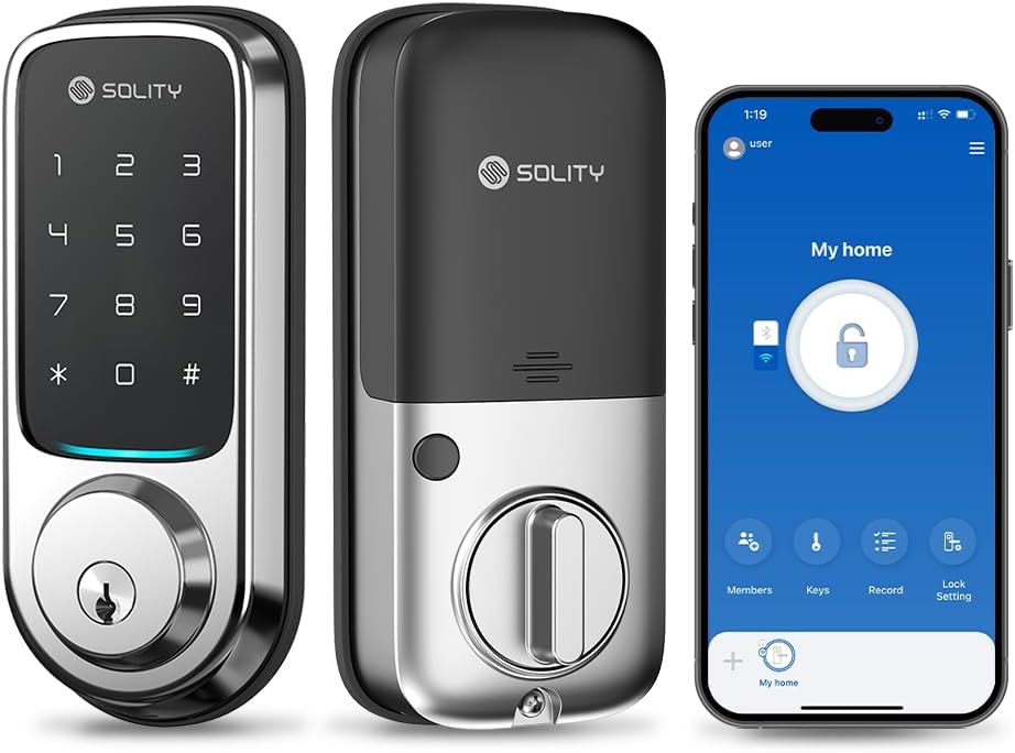 Solity No-Hub Smart Digital Door Lock, Designed in Korea, Keyless Entry, Wi-Fi, Remote Control, Touchscreen Keypad, Auto Lock, IP54 Waterproof, Satin Nickel GT10K