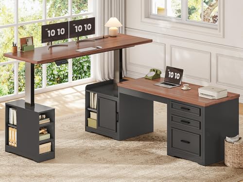 SEDETA Farmhouse L Shaped Electric Standing Desk, 63' x 67' Height Adjustable Home Office Executive Desk with Drawers and Shelves, Standing Computer Desks with Power Outlet for Home Office, Black