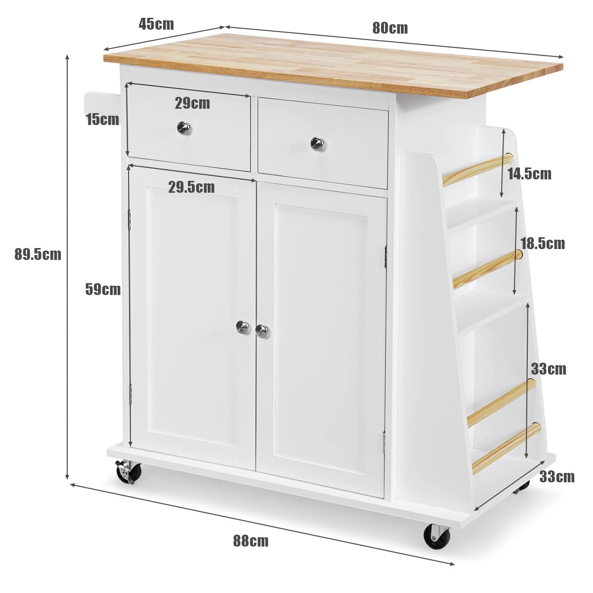 KOMFOTTEU Carro de Cocina con Encimera de Madera Maciza, Carrito Auxiliar con Estante Lateral, 2 Cajones, Armario con Puertas, Isla de Cocina con Ruedas y Estante Ajustable, 88 x 46 x 90 cm (Blanco)