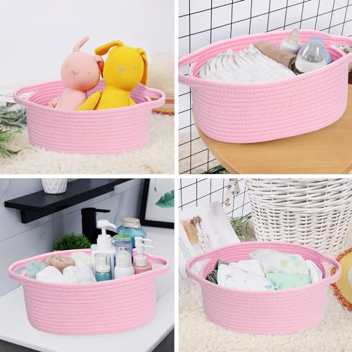 Image of ABenkle Small Basket with Handles, Boho Decorative Rope Woven Dog Cat Toy Storage Bin Shelf Storage Organizer, Easter Christmas Gift Basket, 12 inchx8 inchx5 inch, Pink