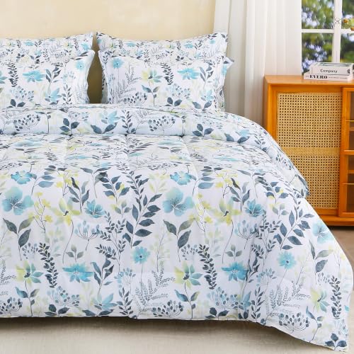Image of lasoftan Floral Queen Comforter Set with Sheets, 7 piece Luxury Vintage Bedding, Soft Microfiber Bed in a Bag, Cozy Lightweight Bed Set, Grey Yellow Botanical