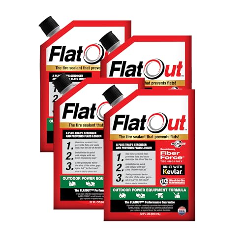 Image of FlatOut Tire Sealant Outdoor Power Equipment Formula - Prevent Flat Tires, Seal Leaks, Contains Kevlar, 32-Ounce Bottle, 4-Pack
