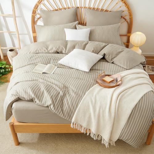 Image of Nayoroom Brown Striped Duvet Cover Queen Reversible Taupe Bedding Set
