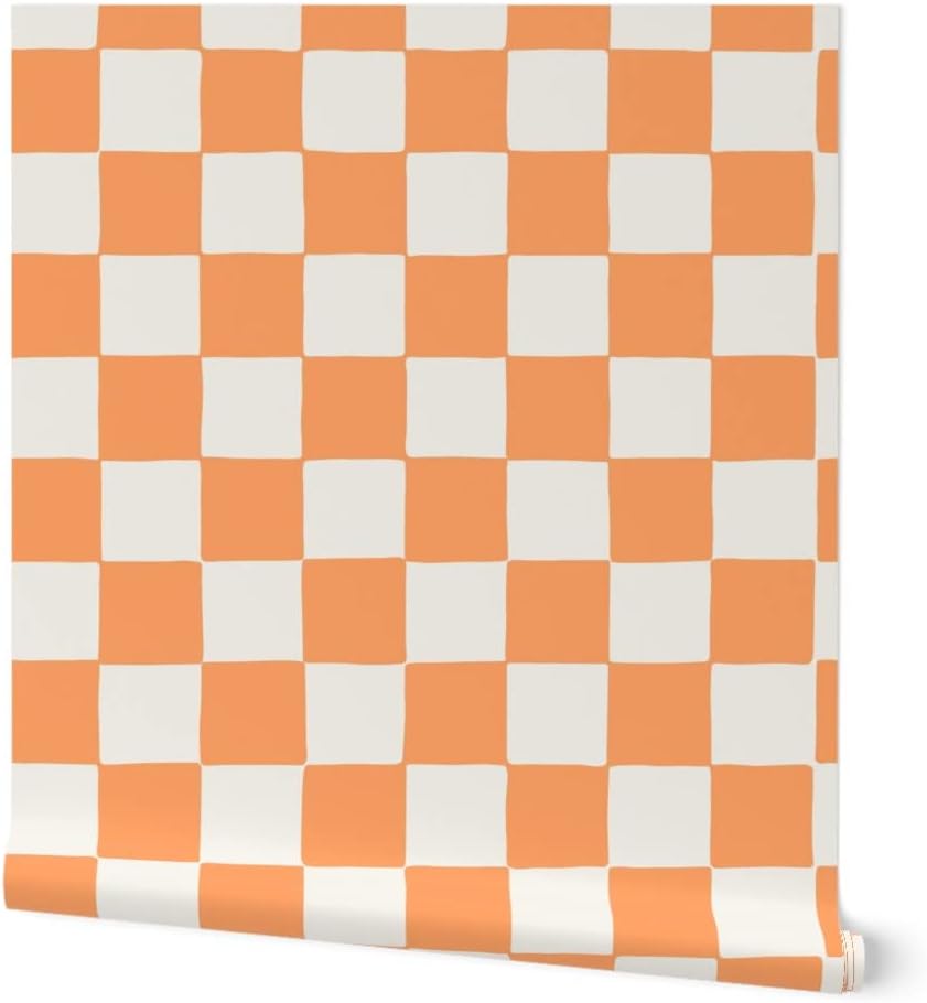 Peel & Stick Wallpaper Swatch - Retro Checkerboard Orange Summer Checkered Apricot Custom Removable Wallpaper by Spoonflower