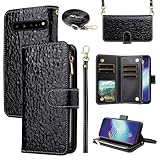 Furiet Luxury Wallet Case for Samsung Galaxy S10 5G with Flip Zipper Purse Wrist Strap Shoulder Strap, Reflection Pleated Pattern PU Leather Card Holder Stand Phone Cover for S105G S 10 G5 Women Black