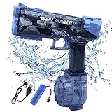 水鉄砲 電動ウォーターガン 超強力飛距離 タンク容量550mlの自動ウォーターガン 水遊びおもちゃ 子供 大人兼用 水鉄砲合戦 海水浴 夏の野外活動用の外部ウォーターボトル付き電気噴出ガン (ブルー)