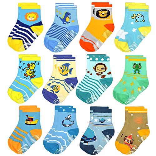Image of Tphon 12 Pairs Toddler Non Skid Socks with Grips Anti Slip Bottom, Cotton Non Slip Ankle Crew Socks for Boys, Girls, Kids(1-7Years)