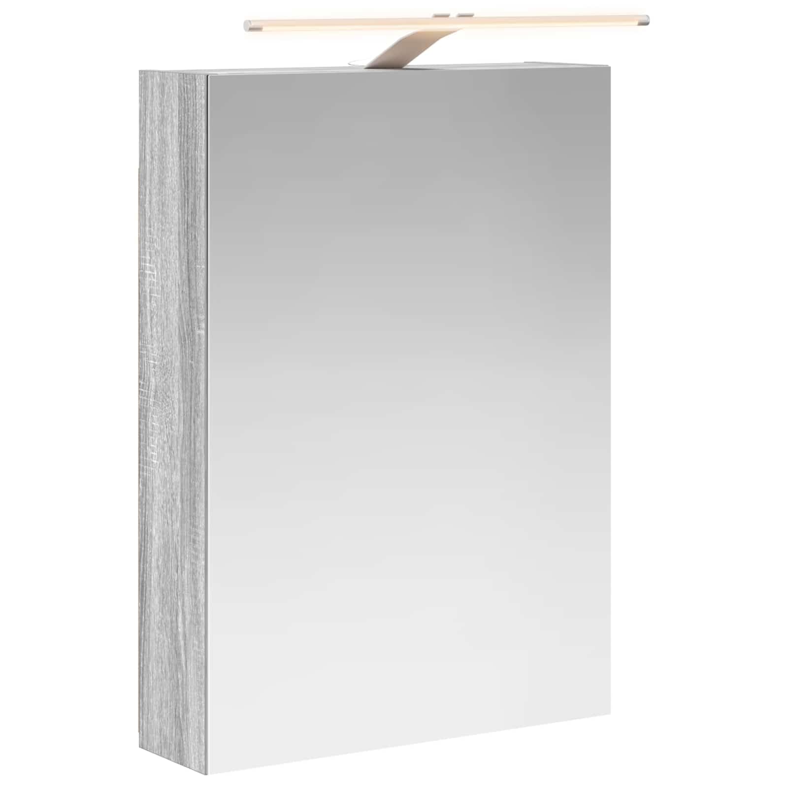 Szafka łazienkowa z lustrem Sonoma szara z materiału drewnopochodnego 50 x 14,5 x 70 cm z paskami LED, dwukierunkowe lustro, montaż na ścianie, 2 półki, drzwi, miejsce do przechowywania szafki
