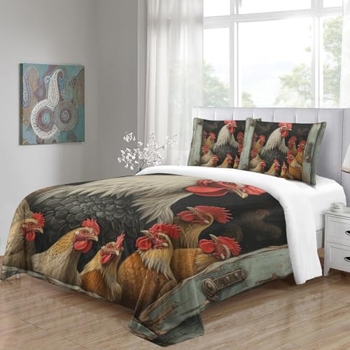 Housse de couette coq 3D Super King 260x220cm avec 2 taies d'oreiller en microfibre pour lit enfant