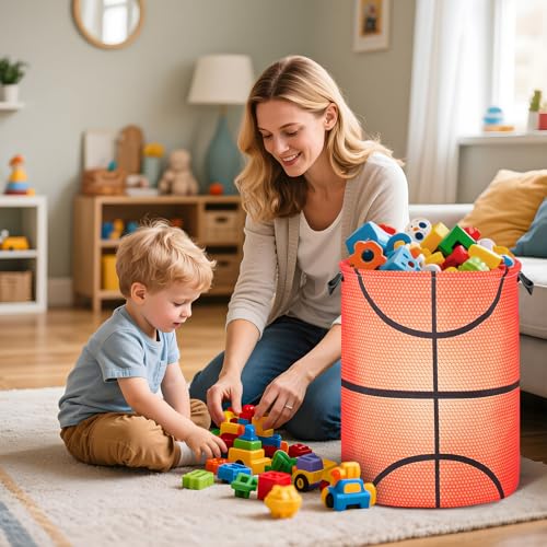 Basketball Laundry Basket for Boys Room Decor, Kids Nursery Hamper Gift for Bathroom Bedroom Sports Room Accessories, Teens Stuff Storage Bin, 19.67\"x15.74\"