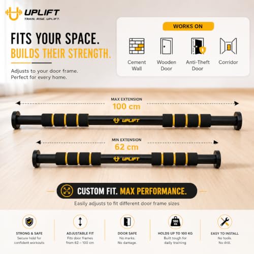 Image of UPLIFT Pull Up Bar for Kids | Doorway Hanging Rod & Chin Up Bar For Kids and Adults | No Screw Hanging Rod with Anti-Skid Foam Grip | Adjustable Heavy Duty Strength Training Gym Equipment (62-100cm)| 100kgs Capacity