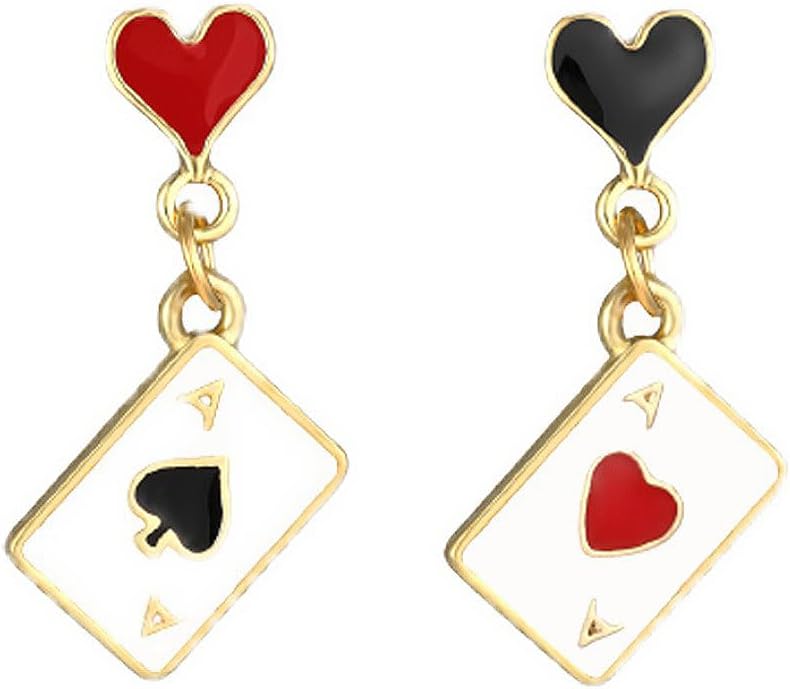 Queen of Hearts Dangle Drop Earrings, Asymmetric Long Clock Poker Earrings Queen of Hearts Costume Accessories for Women Halloween Theme Accessories