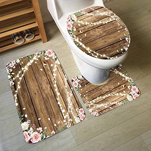 Riyidecor Floral Wooden Bathroom Rug Set 3 Piece Rustic Pink Flowers Shiny Lights Farm Brown Bath Contour Mat Toilet Lid Cover U Shaped Nonslip Home Washroom Decor Durable Polyester Shower Accessories
