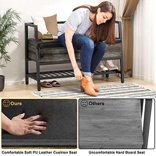 Homieasy Storage Shoe Bench With Padded Seat, Entryway Bench With Lift Top Storage Box, Industrial Shoe Rack Bench Pu Leather Cushion Holds Up To 250 Lb For Entryway Bedroom Hallway, Black Oak #TOP3