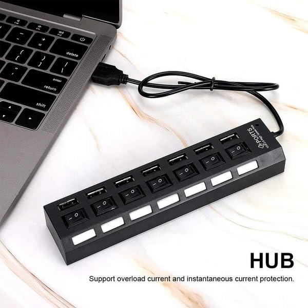 Image of USB Splitter Multi-Port USB 2.0 Hub | 7-Port Data Hub with Individual On /Off Switches and LED Indicators | USB A Expansion Adapter for PC Laptop Keyboard, Mouse Flash Drive Mobile and More
