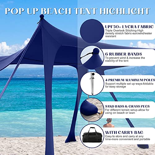 Image of RLAIRN Pop Up Beach Canopy UPF50+ with 8 Sandbags, 4 Stability Poles, Sand Shovel and Ground Pegs Beach Tent Sun Shelter for Family Outdoor Beach, Camping Trips, Backyard and Picnics