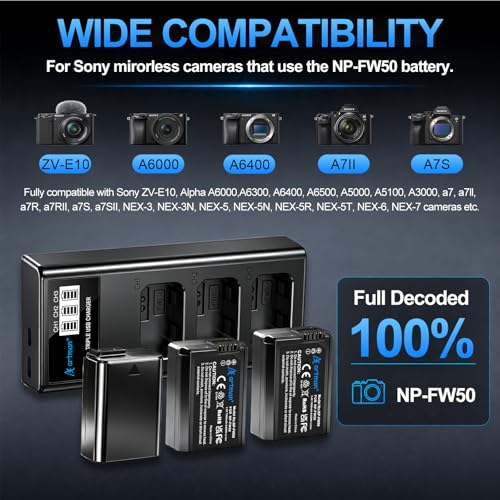 Image of Artman NP-FW50 Battery 3-Pack 1300mAh & 3-Slot LCD Charger for Sony ZV-E10