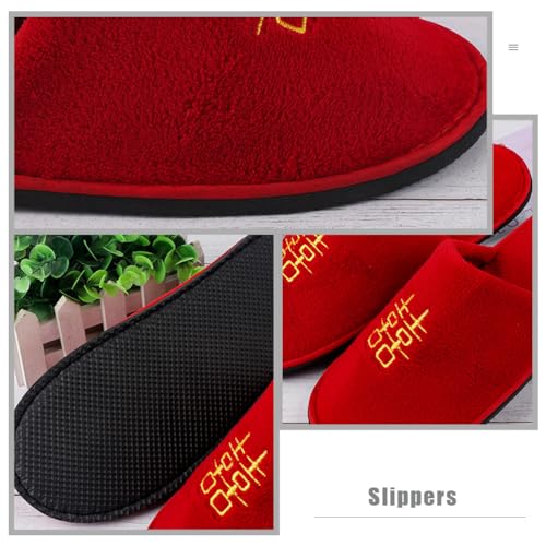 LOGOFUN Chinese Wedding Slippers Plush Home Slippers Slippers Printed with Traditional Chinese Happy Characters for Wife Husband Indoor Shoes - Red4