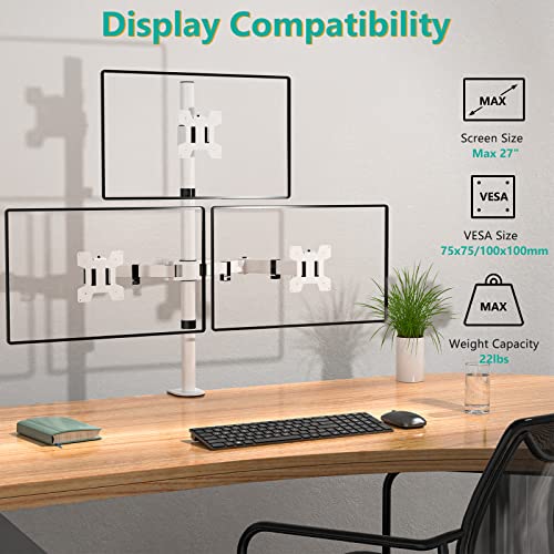 Image of WALI Tall Triple Monitor Stand, Fully Adjustable Three Monitor Desk Mount Fits 3 Screens up to 27 inch, 22 lbs. Weight Capacity per Arm (M003-W), White
