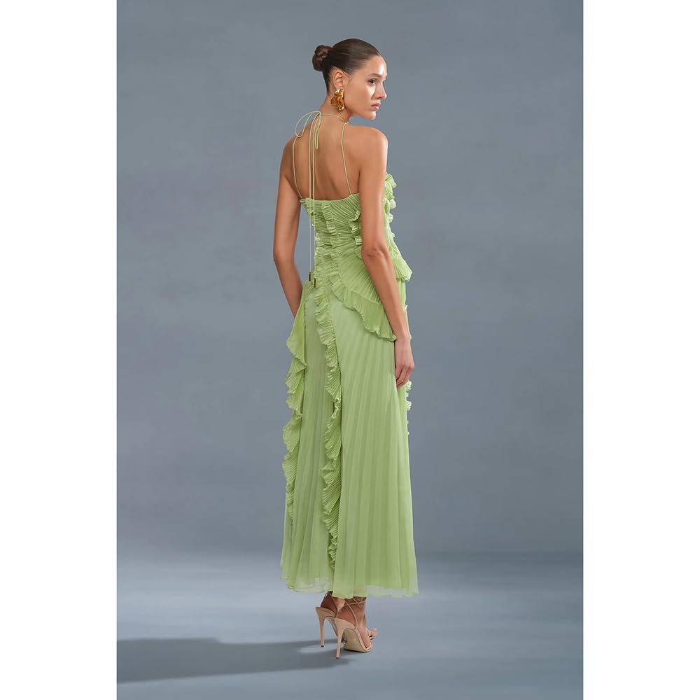 Vestido Largo De Verano Mujer Volantes Elegante Vestido Casual Plisado, Vestidos Maxi Sin Mangas Cuello Halter Playa Capas Irregulares Vestidos Cóctel Bohemio Plisado Corte A Fluido