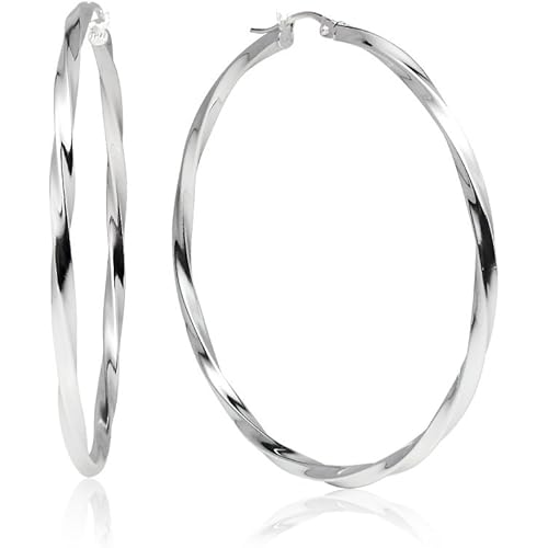 Sterling Silver High Polished Twist Round Click-Top Hoop Earrings