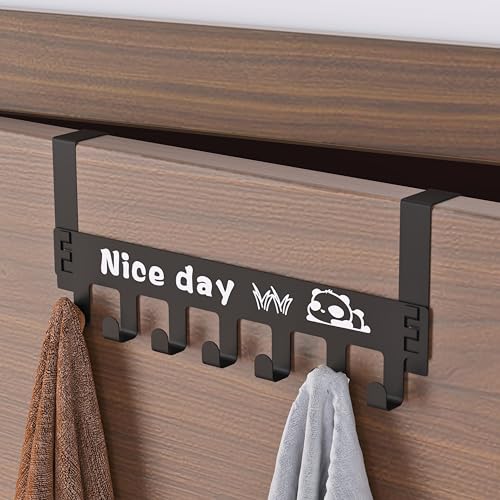 Image of Powder Coated Over the Door Hook Hanger | Heavy Duty No Drill 7 Hook Organizer | Space Saving Door Hanger for Bedroom, Bathroom, Kitchen & Home Storage - Black (Pack of 2)