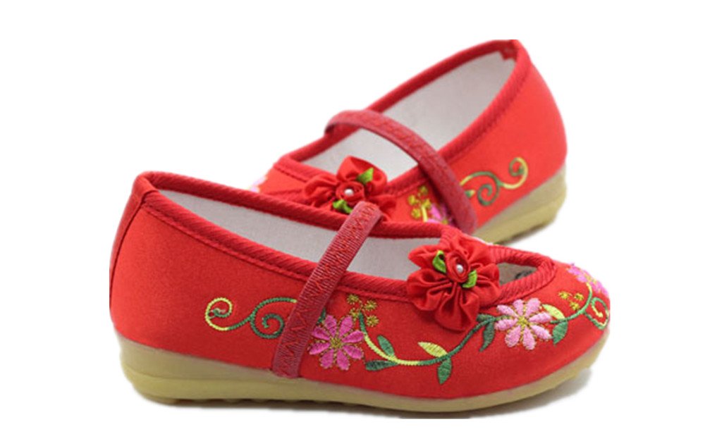 Tianrui Crown Children Girl's Embroidery Mary-Jane Shoes Kid's Cute Flat Dance Shoe Red