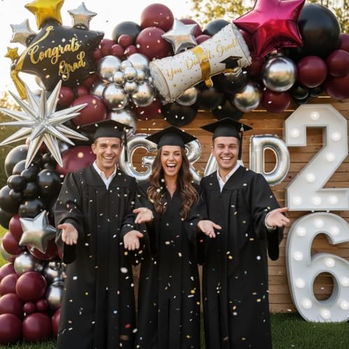 Image of Graduation Balloons Garland Kit 153Pcs, Maroon Black Silver Balloon Arch Kit with GRAD Letters Grad Cap Diploma Balloon Burgundy Balloons Arch for Class of 2026 Graduation Birthday Party Decor