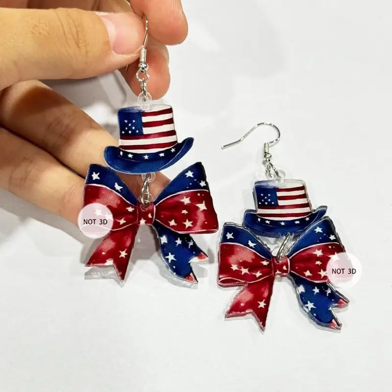 American Flag Patriotic Acrylic Earrings for Women 4th of July Red White Blue Bow Dangle Earring Lightweight Independence Holiday Memorial Day Decor Accessories - Image 4