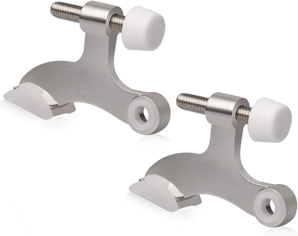 2 Pack Hinge Pin Door Stopper Brushed Satin Nickel - Adjustable Heavy Duty Hinge Pin Door Stop with White Rubber Bumper Tips