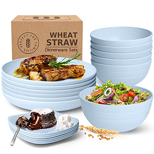 Peurif Kitchen Wheat Straw Dinnerware Sets, Dinner Plates, Square Salad Plates, Cereal Bowls, Unbreakable & Reusable Plastic Outdoor Camping Dishes (Blue, service for 6)