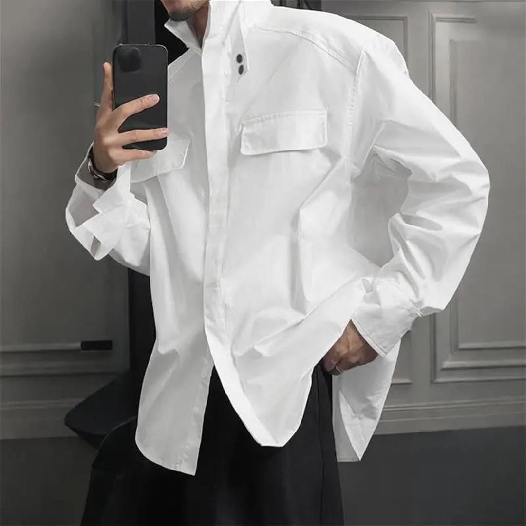 Men Spring Solid Color Stand Collar Long Sleeve Shirt Loose Korean Style Casual Top