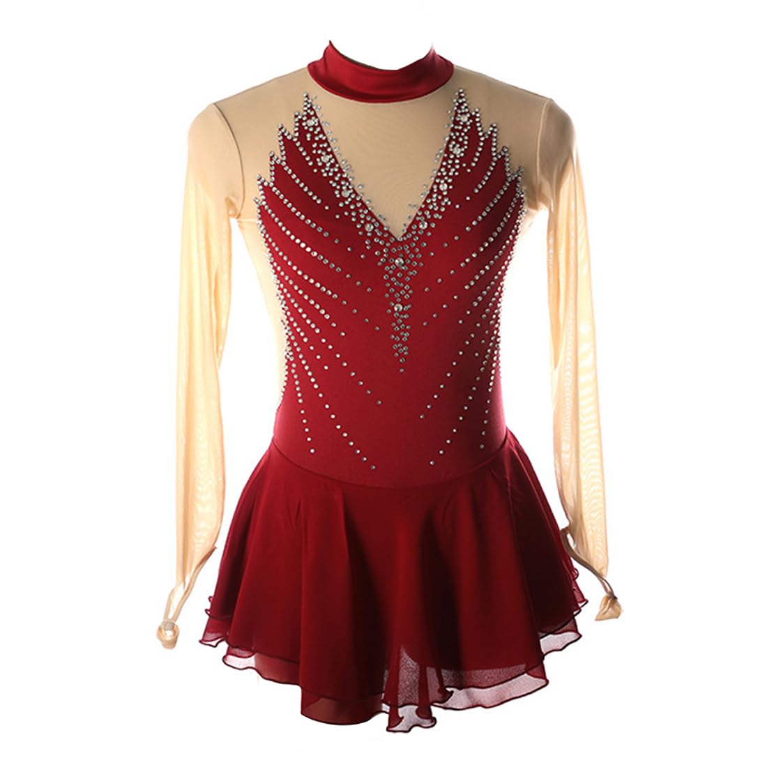 Body Pattinaggio Artistico Vestito Bambina, con Strass, a Maniche Lunghe, Girocollo Vuoto Giunzione Body Ginnastica Artistica Danza