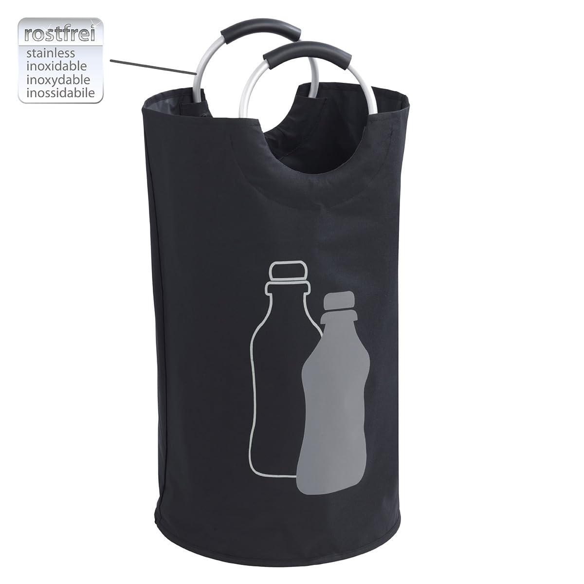 WENKO Jumbo, 69 litrów, torba na butelki z dekoracyjnym nadrukiem i uchwytami aluminiowymi Soft Grip do łatwego transportu pustych butelek, 100% poliester, 38 x 72 cm, czarny