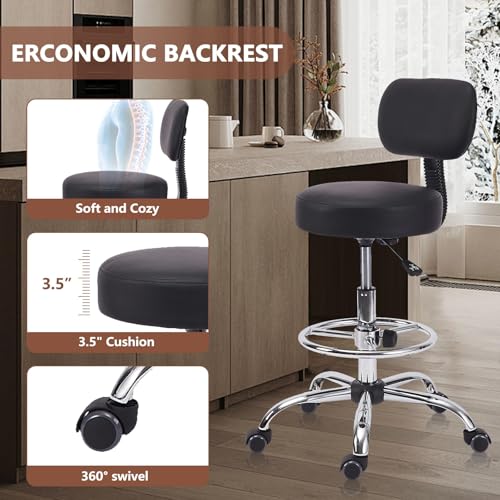 Image of KLASIKA Drafting Stool Chair with Ergonomic Backrest & Footrest, Padded Leather Seat Adjustable Height 360 Swivel Rolling Stools, Tall Office Chair for Standing Desk, Counter, Medical, Black, 4 Pack