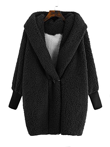 SweatyRocks Women Khaki Hooded Dolman Sleeve Faux Fur Cardigan Coat for Winter Black #1 M