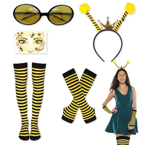 JNYUTEEN 5 peças disfarce de abelha, disfarce abelha para mulher com óculos diadema luvas overknee meias tatuagem facial acessório para carnaval Halloween cosplay