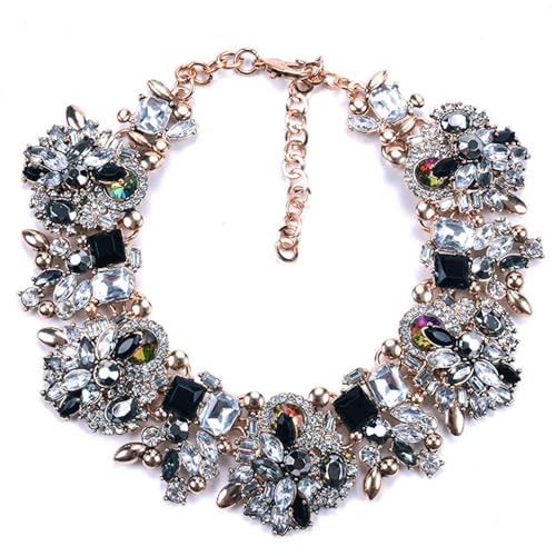 Zthread Rhinestone Bib Statement Necklace Vintage Chunky Chain Choker Collar Necklace Crystal Beads Women Costume Fashion Jewelry Necklace (Black+White)
