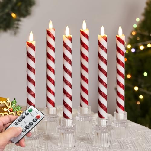 Velsyn 6 Pcs Christmas Flameless Taper Candles with Remote and Timer 10 Inch Glitter Candy Cane Candles Battery Operated Christmas Candlesticks with LED Flickering Flame for Xmas Candy Cane Decor