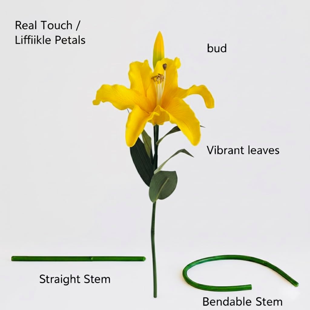 Floral Kingdom 30 Inch Tall Artificial Tiger Lily Flowers, 3 Pack Yellow PU Real Touch Faux Stems for Mother's Day Decor, Floor Vase, Living Room Corner, Wedding Decoration