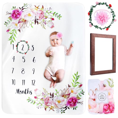 Manta de hitos para bebé y mes, manta para bebé con estampado floral, manta mensual para bebé niño y niña, manta para bebé con mes como regalo para nacimiento, 130 x 100 cm