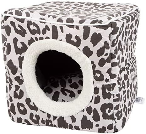 Cat Pet Bed Cave- Indoor Enclosed Covered Cavern/House for Cats Kittens and Small Pets with Removable Cushion Pad by PETMAKER, Gray/Black Animal Print 13x12x12