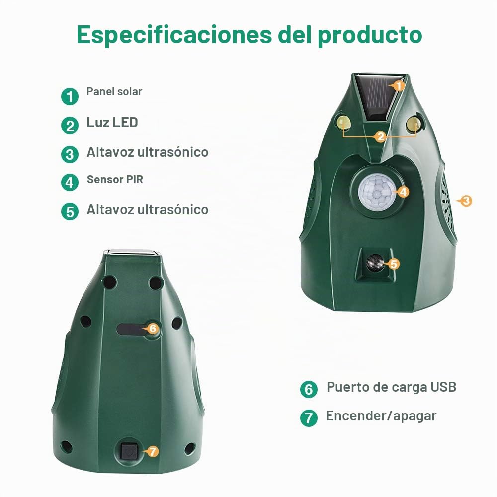 Repelente Ultrasónico para Gatos Exteriores, Repelente Palomas Ultrasónico Solar, Ahuyentador de Pajaros Animales, Carga USB Repelente Gatos Jardín Auyentar Perros, Palomas, PáJaros