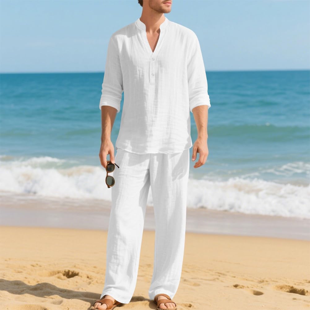 Homme Ensemble en Lin 2 Pièce Casual Chemises Shirt à Manches Longues Pantalons Mode Survêtement Printemps Été Hauts Chemisette et Pantalon