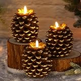 Baquler 3 Pcs LED Pine Cone Candles Flameless Pinecone Candles Battery Operated, Real Wax Pine Cone LED Flickering Pillar for Christmas Home Party Decoration(Brown)