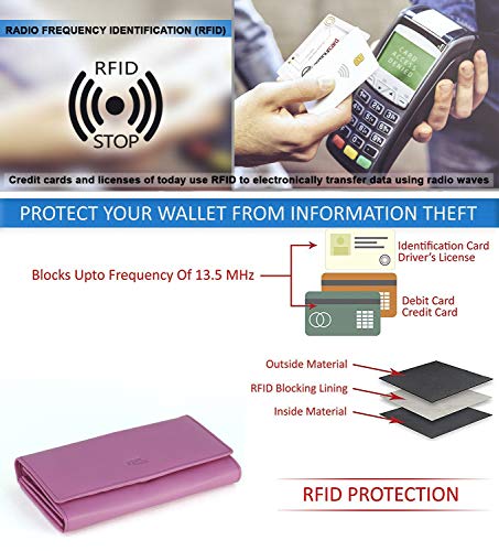 Image of Women's Top Grain Leather Wallet, RFID Blocking Bifold clutch, 17 Card Slots, Zip Pocket Organizer, Elegant Gift for Women - Birthday, Valentine, Anniversary - PINK