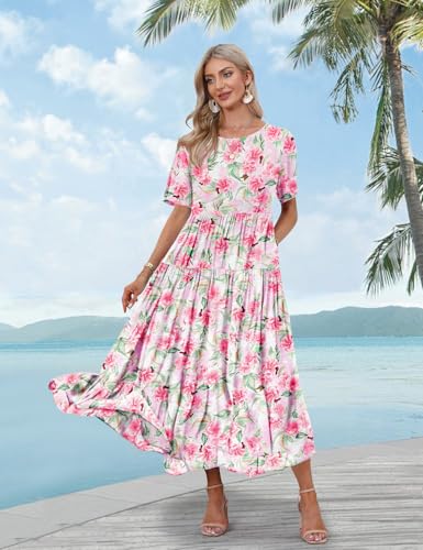 Image of YESNO Women Casual Loose Bohemian Floral Dress with Pockets Short Sleeve Long Maxi Summer Beach Swing Dress EJF